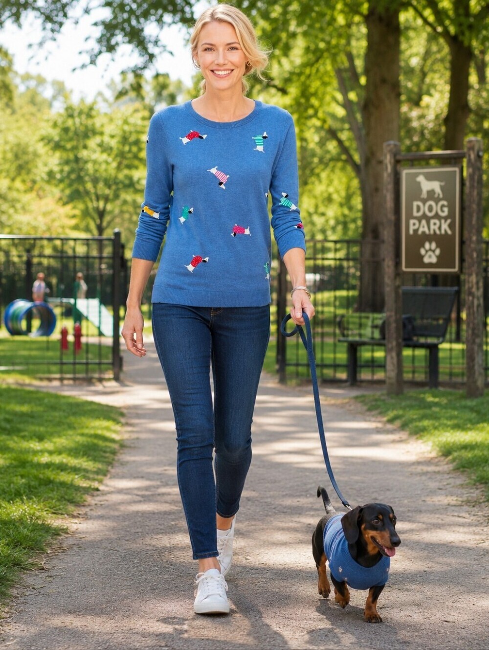 Talbots Size XL Blue Crewneck Sweater with Dachshund Dogs